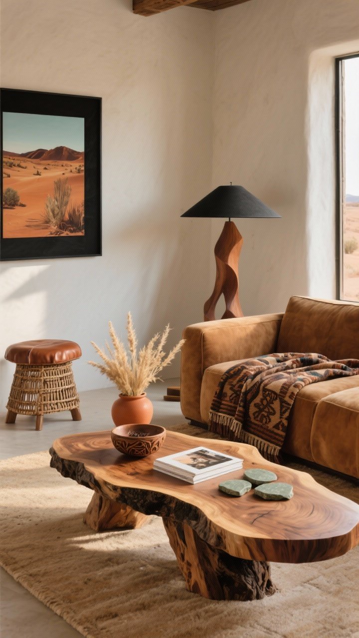 Medium-wide desert modern den: a dramatic live-edge acacia coffee table with organic curves and pronounced grain sits on a sandstone-colored rug, paired with a camel suede sofa. Black-framed artwork on the wall, sculptural floor lamp, and a woven leather stool complement the organic form. Accents in burnt sienna, clay, and sage. On the table: desert-inspired photo book, stone coasters, hand-carved bowl. Dried grasses in a terracotta vase nearby, patterned mudcloth throw on the sofa. Warm afternoon side-light, corner angle, photorealistic.