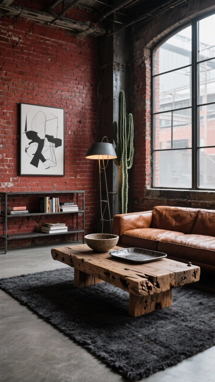 Medium-wide industrial loft scene: exposed red brick walls, steel-framed factory windows, smooth concrete floors, and a heavy, low reclaimed wood beam coffee table rich with knots and saw marks. Caramel leather sofa, charcoal wool rug beneath the table. Iron bookshelf in the background, oversized factory-style floor lamp. On the table: rough ceramic bowl, vintage metal tray, and coffee table art books. Grayscale abstract canvas on wall, tall cactus for height. Moody side-lighting, corner angle, photorealistic.
