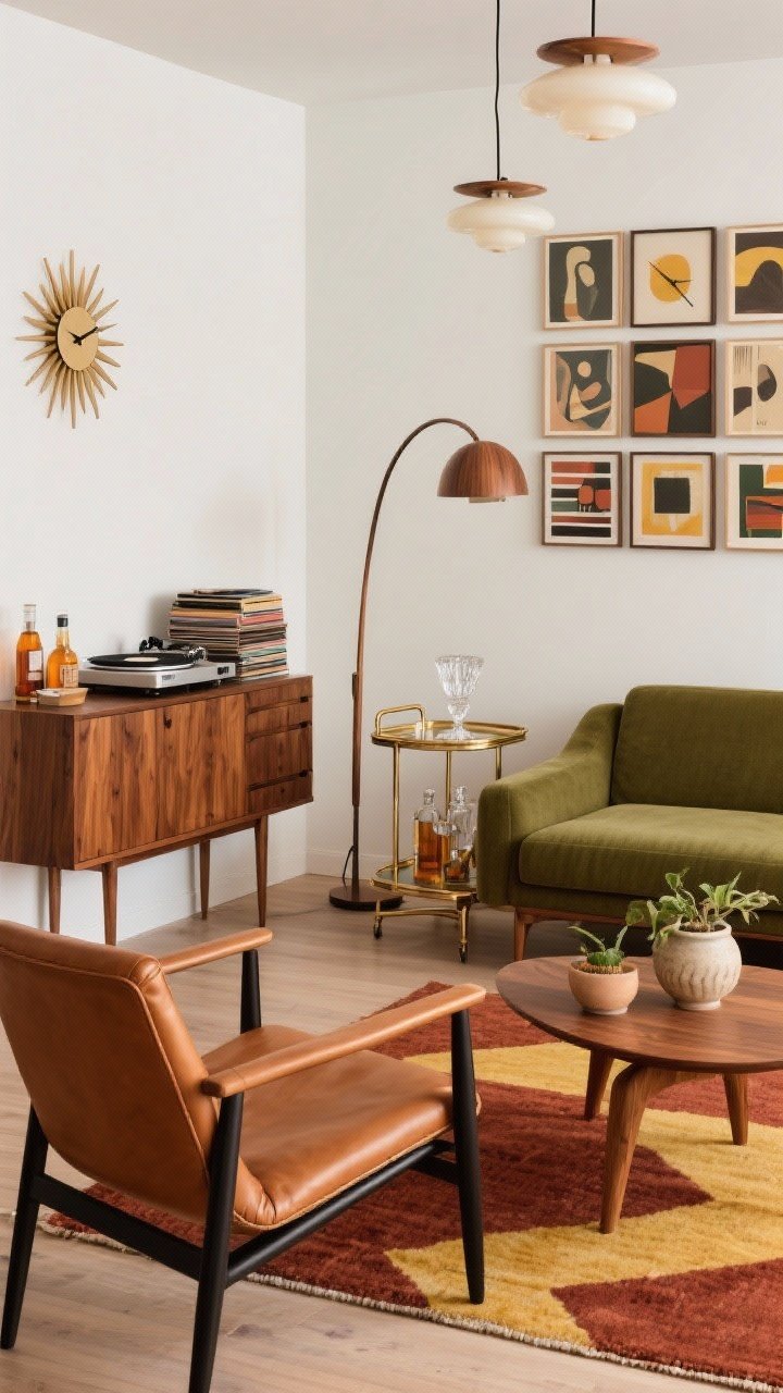 Medium-wide lounge, photorealistic, corner angle: A mid-century living room with a walnut credenza, tapered-leg armchairs in caramel leather, and a low-profile sofa in moss green. A teak floor lamp arcs above a Noguchi-style coffee table set on a geometric wool rug in rust and mustard. On the wall, a sunburst clock and a tight grid of vintage abstract prints. A record player beside stacked vinyl and a sleek brass bar cart with cut crystal and amber-toned bottles. Warm wood glow, clean lines, black accents, opaline glass pendants and ceramic planters subtly present.