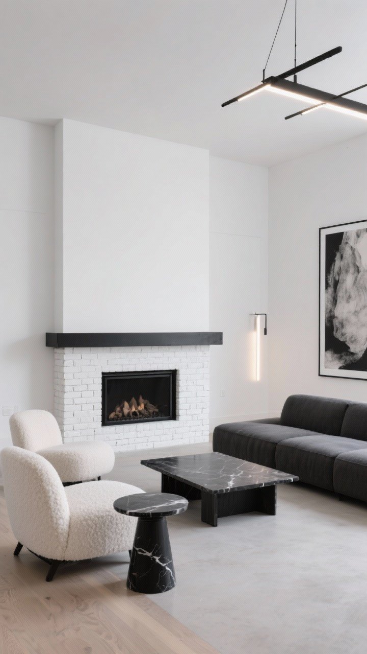 Medium-wide, modern minimalist living space with a white brick fireplace as the focal point, featuring a slim matte-black steel mantel ledge and minimalist hearth. Crisp white walls, pale maple or light concrete floors. Sculptural furniture: low-profile charcoal sectional, pair of ivory boucle accent chairs, black marble pedestal side table. Oversized monochrome art, no clutter. Lighting includes a linear black chandelier and hidden LED strip washing the brick to reveal texture. Palette: white, charcoal, matte black, ash gray. High-contrast, gallery-like mood, photorealistic, straight-on perspective.