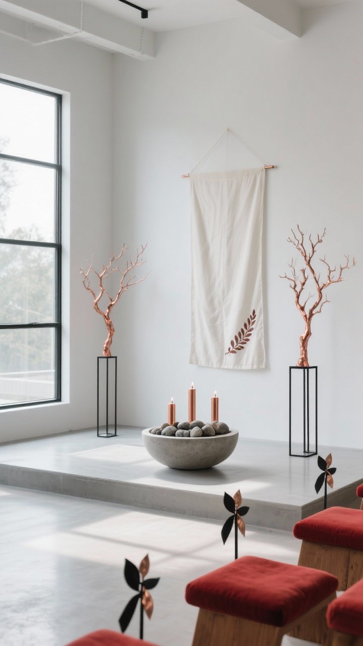 Medium wide, modern minimalist sanctuary corner, “Modern Ember Minimalist”: clean-lined space with big windows, palette of chalk white and graphite with a single accent in ember red/copper; tall, narrow black metal stands flanking the stage, holding sculptural branches sprayed matte copper; a single oversized ivory linen banner with subtle embroidered leaves as the focal point; shallow concrete bowl altarpiece filled with smooth river stones and three copper candles; thin black ribbon aisle markers with minimalist leaf charms; a few ember-red seat cushions used sparingly; serene, uncluttered composition, crisp natural daylight with soft shadows, photorealistic, corner angle