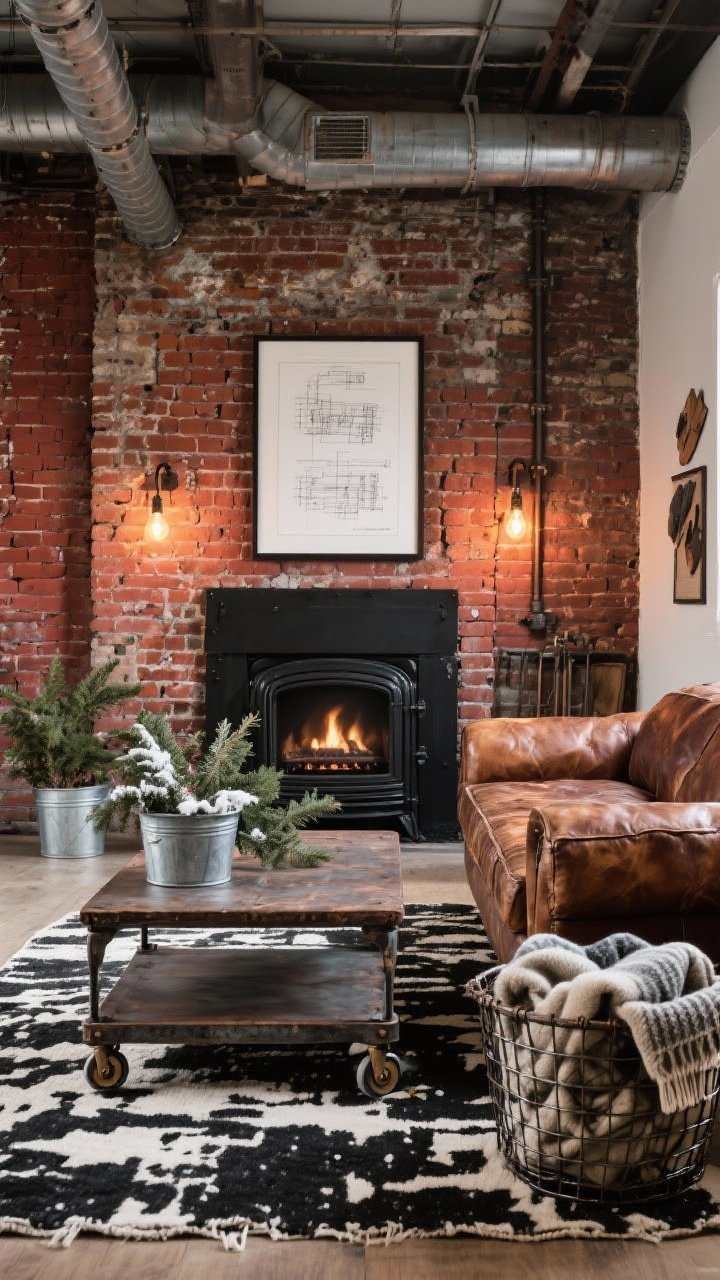 Medium-wide rustic industrial hearth scene, straight-on: distressed leather sofa; reclaimed factory cart coffee table with iron casters; exposed brick wall (or realistic faux-brick panels); matte black stove-style electric fireplace centered; chunky black-and-cream rug; industrial sconces with Edison bulbs casting amber light; galvanized planters with winter greens; wire basket full of folded wool throws; framed blueprint art above the sofa; palette saddle brown, brick red, matte black, cream; gritty yet cozy vibe.