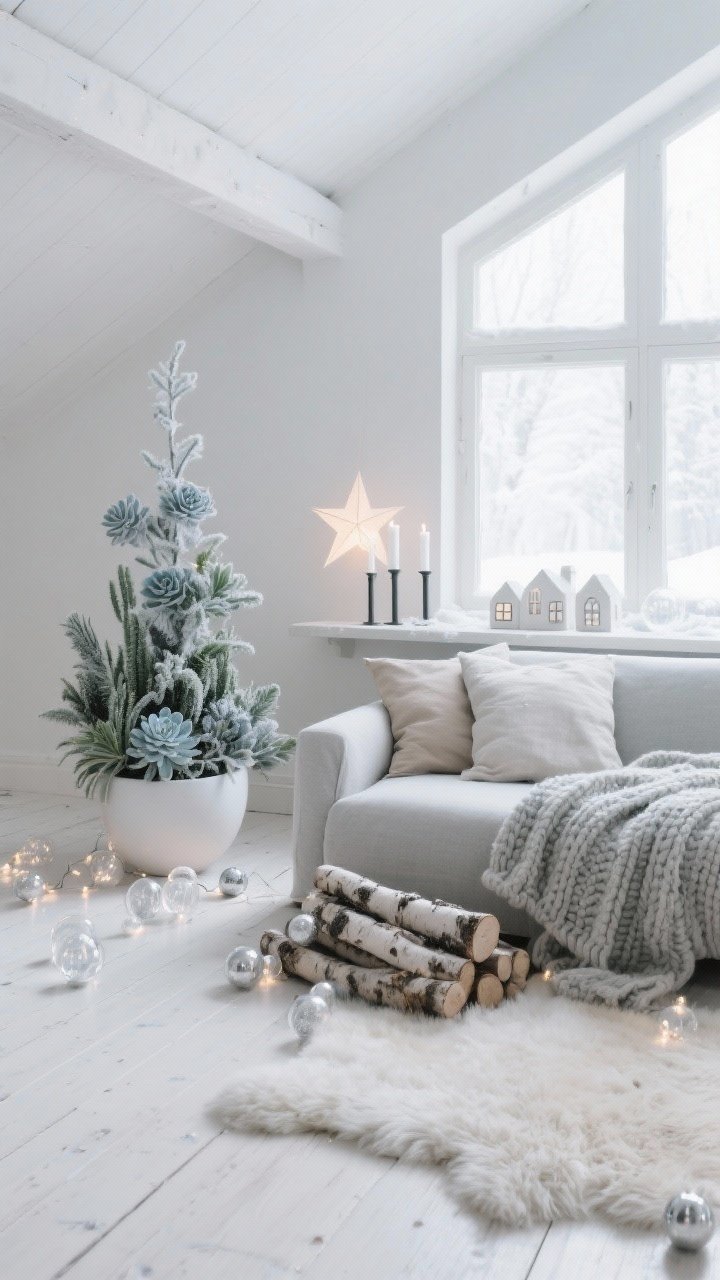 Medium-wide, Scandinavian Snow Loft With Frosted Greens: a minimalist loft with whitewashed wood floors, pale gray sectional draped in chunky knit throws; Succulent Christmas Tree in a white ceramic planter built from cool-toned echeveria, dusty-blue sedum, and frosted haworthia; silver fairy lights and clear glass baubles for icy sparkle; sheepskin rug, linen pillows in fog and oatmeal, birch log bundle, matte white candlesticks on a clean shelf with a small ceramic village; paper star lantern glowing in the window; soft, diffused winter daylight; straight-on view emphasizing airy negative space.