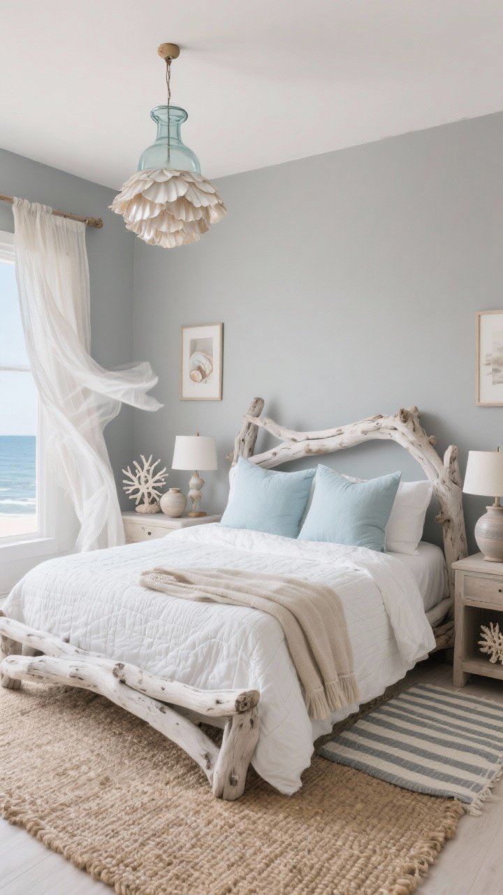 Medium wide, straight-on, photorealistic: Coastal Driftwood Dream with misty gray walls, a whitewashed driftwood bed, and gauzy linen curtains moving in a breeze. Palette of sand, shell, and sky: white quilt, pale blue pillows, sandy throw. Sisal rug layered with a small striped cotton rug. Capiz shell pendant overhead; glass jug lamps on nightstands. Accents of matte pottery, coral-inspired sculptures, and driftwood photo frames evoke a tranquil seaside mood.