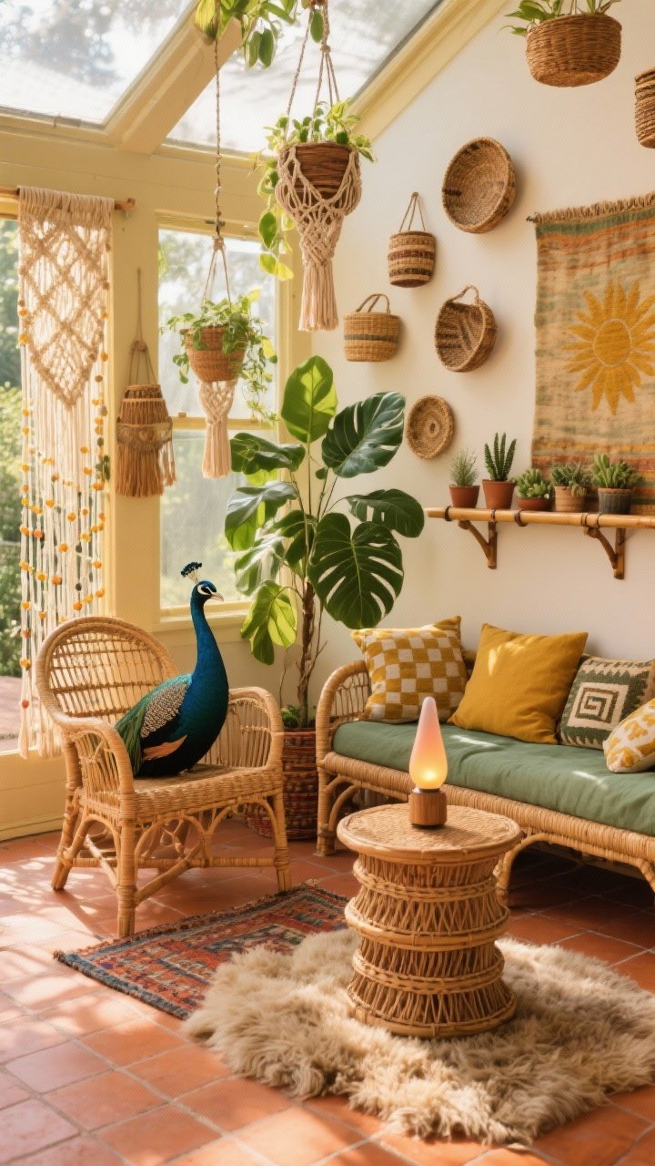 Medium-wide sunroom, photorealistic, golden afternoon sun: A 1970s boho sunroom rich in rattan and cane—a peacock chair in the corner, a low cane daybed piled with block-print pillows, and a stacked rattan side table. A shaggy Moroccan rug softens terracotta tile floors. Abundant plants: hanging macrame planters, a tall fiddle leaf fig, and small succulents on a vintage bamboo shelf. Walls display a gallery of woven baskets and a sun-faded tapestry. Palette of terracotta, mustard, avocado, and natural rattan; include a beaded curtain and a small lava lamp vignette.