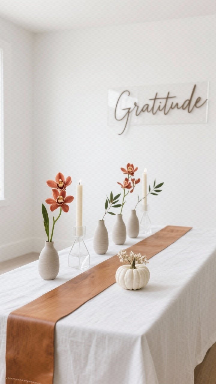 Minimalist straight-on medium shot for Modern Minimal Gratitude: white linen altar cloth with a thin caramel leather runner or maple wood strip creating clean lines; palette limited to white, soft camel, and a single accent color (choose rust or olive); a precise row of ceramic bud vases, each holding one stem—either rust cymbidium orchids or single olive branches; geometric candleholders with unscented ivory pillars; an acrylic sign etched with “Gratitude” in modern script; one white ceramic bowl with mini white pumpkins or dried lunaria placed off-center. Bright, even lighting with intentional negative space, photorealistic, serene and contemporary.