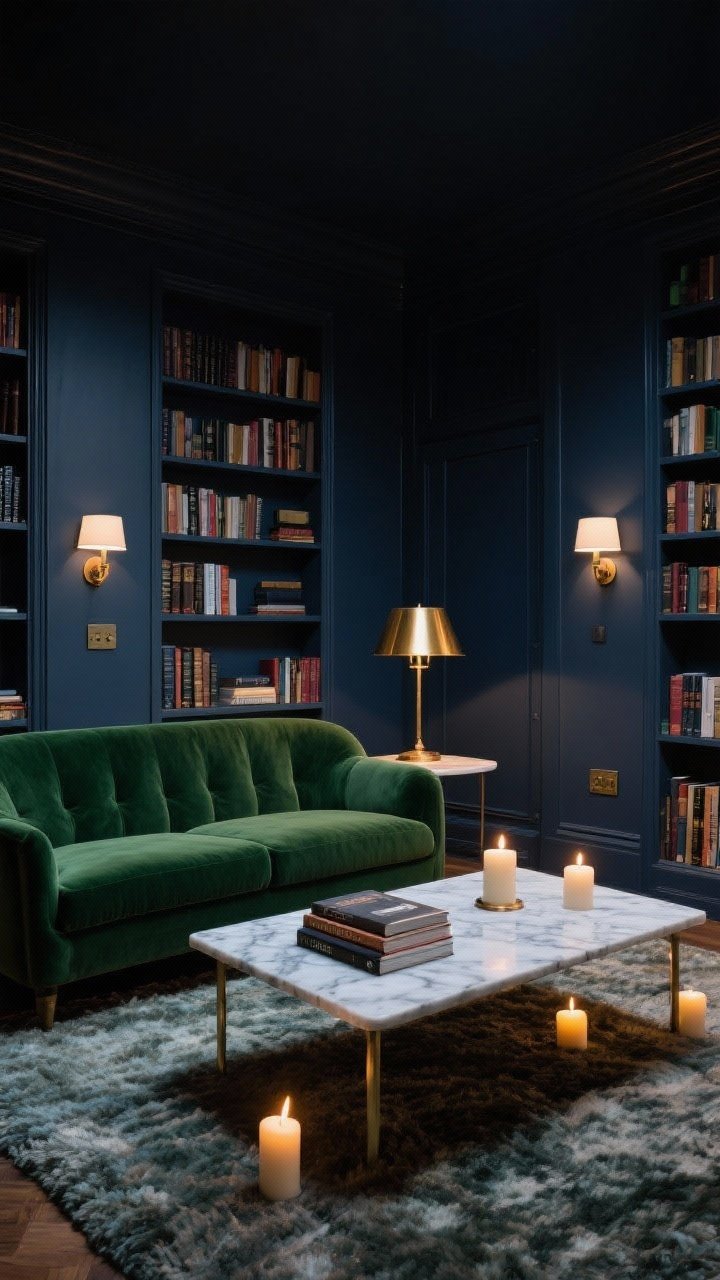 Moody library den, medium-wide: deep inky blue/charcoal walls lined with bookshelves, low forest green velvet sofa, nubby wool rug, marble-topped coffee table with a few stacked books and a candle, reading lamp with a warm brass shade, additional candles for flickering ambiance; layered lamps with dimmer switches; palette ink, forest, brass, ivory; nighttime cocoon.