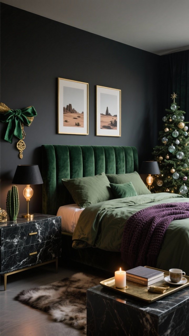 Moody wide bedroom angle with desert noir ambiance: deep green velvet headboard against charcoal walls; sleek dark-olive cactus Christmas tree on the dresser adorned with smoky glass baubles, velvet ribbons, and vintage brass charms; palette of olive, charcoal, antique gold, and plum; linen duvet in olive layered with plum knit throws; black marble lamps on nightstands with warm Edison bulbs casting intimate glow; desert photography in thin brass frames; faux-fur rug at bedside; on a dresser tray, a candle, closed book, and tea cup; low, sultry lighting emphasizing rich textures; no people, photorealistic.