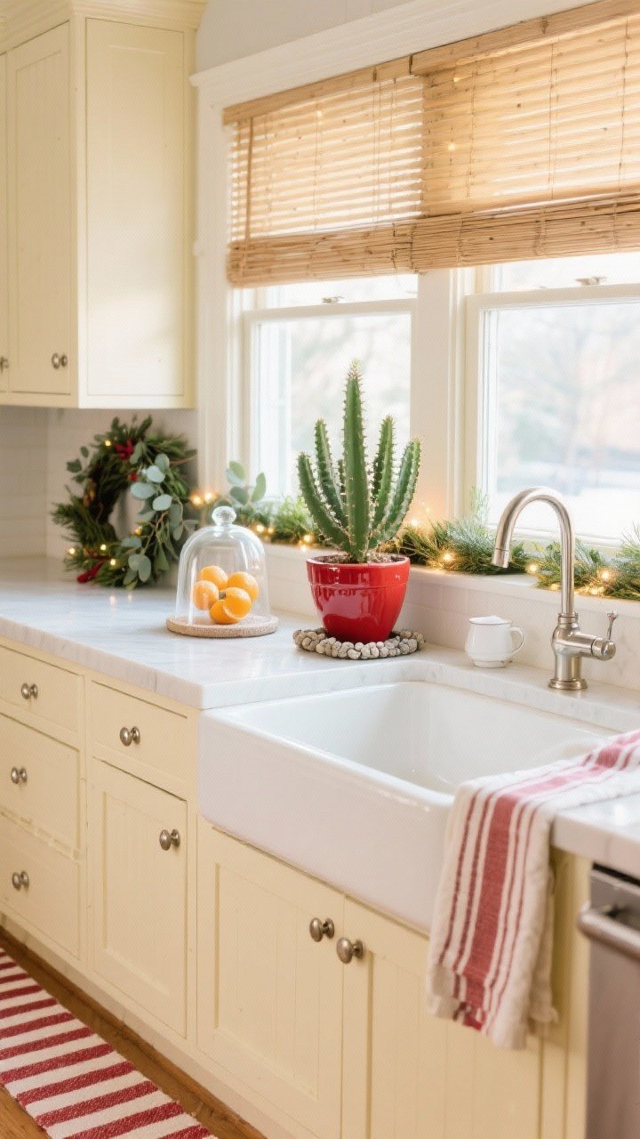 Over-sink wide detail, Cozy Holiday Kitchen Window Scene: A festive kitchen window vignette above a deep farmhouse sink, with shaker cabinets in buttery cream and polished nickel hardware. A wide windowsill acts as a mini garden ledge with herbs and warm fairy lights. The Christmas cactus is centered in a glossy red ceramic pot on a subtle pebble tray that catches humidity from dishwater steam. A bamboo blind diffuses bright midday light to prevent harsh rays; scene avoids cold draft cues. Seasonal styling includes a striped tea towel, a glass cloche filled with citrus, and a eucalyptus wreath nearby. A narrow runner in candy-cane stripes on the floor ties the scene together. Photorealistic, bright but diffused midday lighting, straight-on view capturing sink, sill, and window.