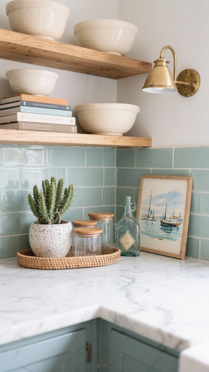Overhead/detail shelfie, Coastal Calm Kitchen: open oak shelves against a sea-salt green tile backsplash; cream stoneware mixing bowls, stacks of cookbooks, and a rattan tray; Holiday Cactus nestled in a speckled ceramic pot between glass canisters with wood lids and a sea glass bottle; small vintage watercolor of a harbor scene leaned casually; brass library light above the shelves casting warm directional light; counter below in white quartz with pale veining partially visible; beachy palette of sandy neutrals, foggy blues, and crisp white; breezy, relaxed mood.