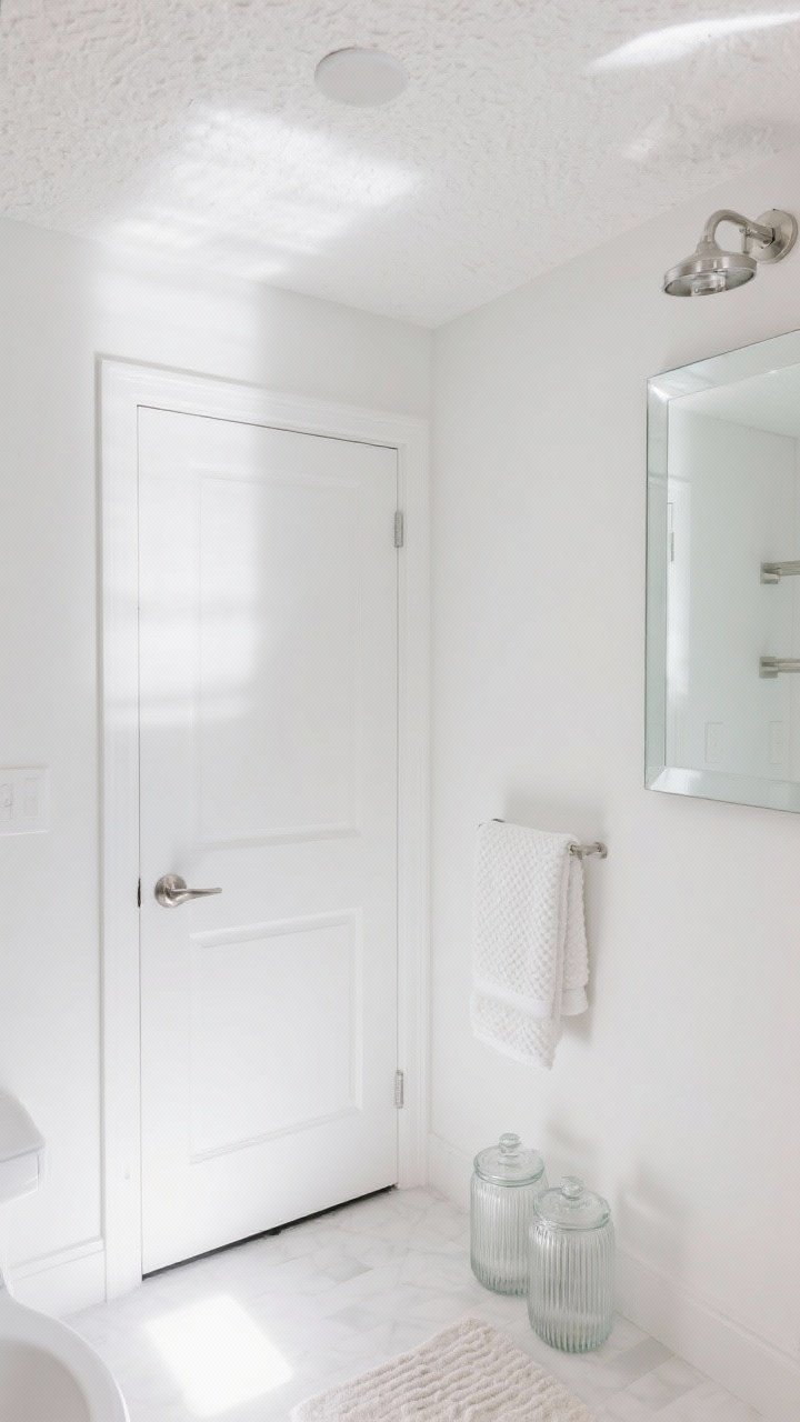 Overhead detail shot, tonal white-on-white textures: soft cloudy white walls and door, semi-gloss trim, subtle micro-texture on ceiling catching light, brushed stainless/chrome fixture reflections, frameless beveled-edge mirror glint, waffle-knit white towels folded beside ribbed glass canisters, soft bath mat; gentle diffuse daylight for a glowing effect; photorealistic.