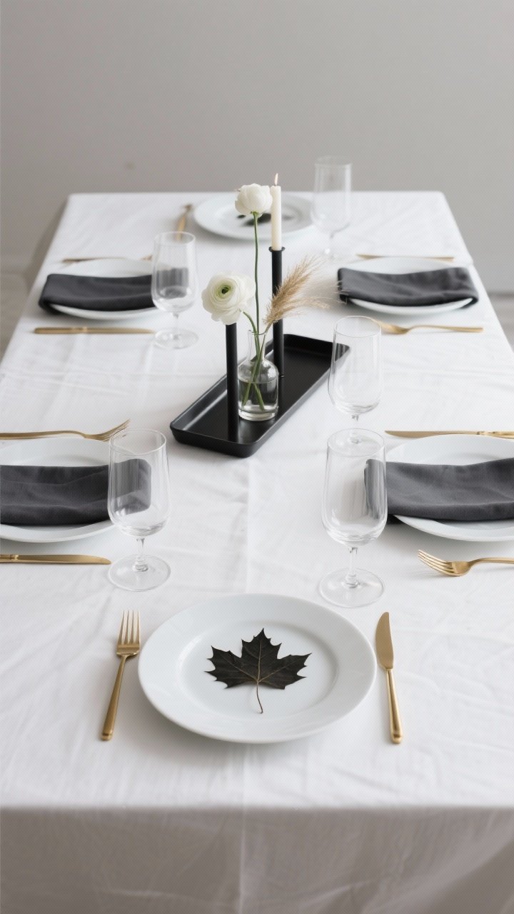 Overhead medium shot, Modern Minimalist Maple tablescape: crisp white tablecloth, charcoal napkins, slim gold flatware, pure white beveled plates, sleek glassware with tall straight-sided water glasses and low-profile wine stems, a single monochrome maple leaf placed at each setting, narrow black metal tray centerpiece with minimalist bud vases each holding one white ranunculus or a single stem of dried grass, thin taper candles in matte black holders spaced evenly, palette of white, charcoal, black, warm brass, uncluttered surfaces, gallery-clean mood, no people, photorealistic.