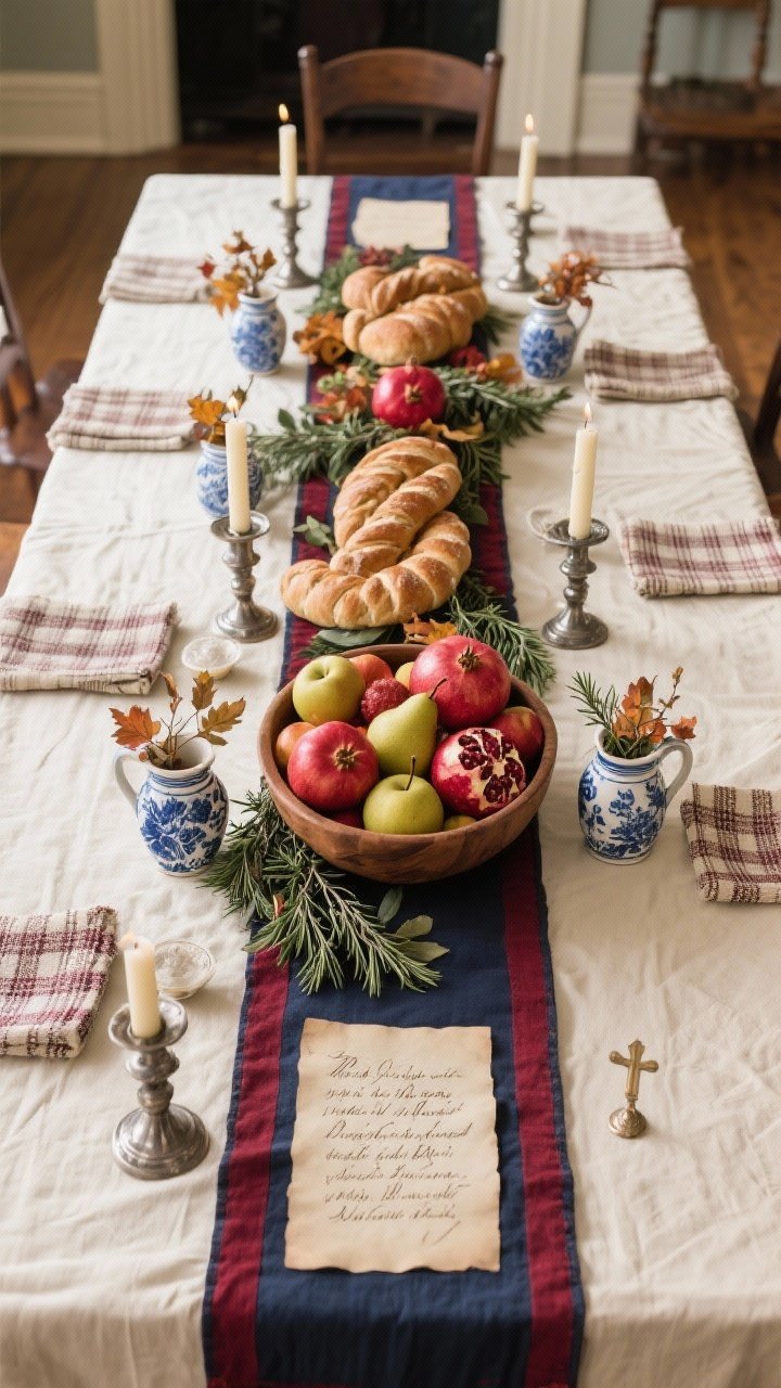 Overhead shot of a Colonial Harvest Table-style altar arrangement: cream altar cloth with a navy or cranberry runner; a long wooden dough bowl as a low horizontal centerpiece filled with apples, pears, pomegranates, and braided breads; sprigs of rosemary and bay tucked throughout; pewter candlesticks arranged symmetrically; blue-and-white ceramic pitchers holding fall branches; hand-loomed runner texture and simple checked napkins folded beneath communion elements visible; a calligraphed blessing on parchment centered at the front edge. Color palette: cream, navy, cranberry, apple red. Photorealistic, heirloom and communal.