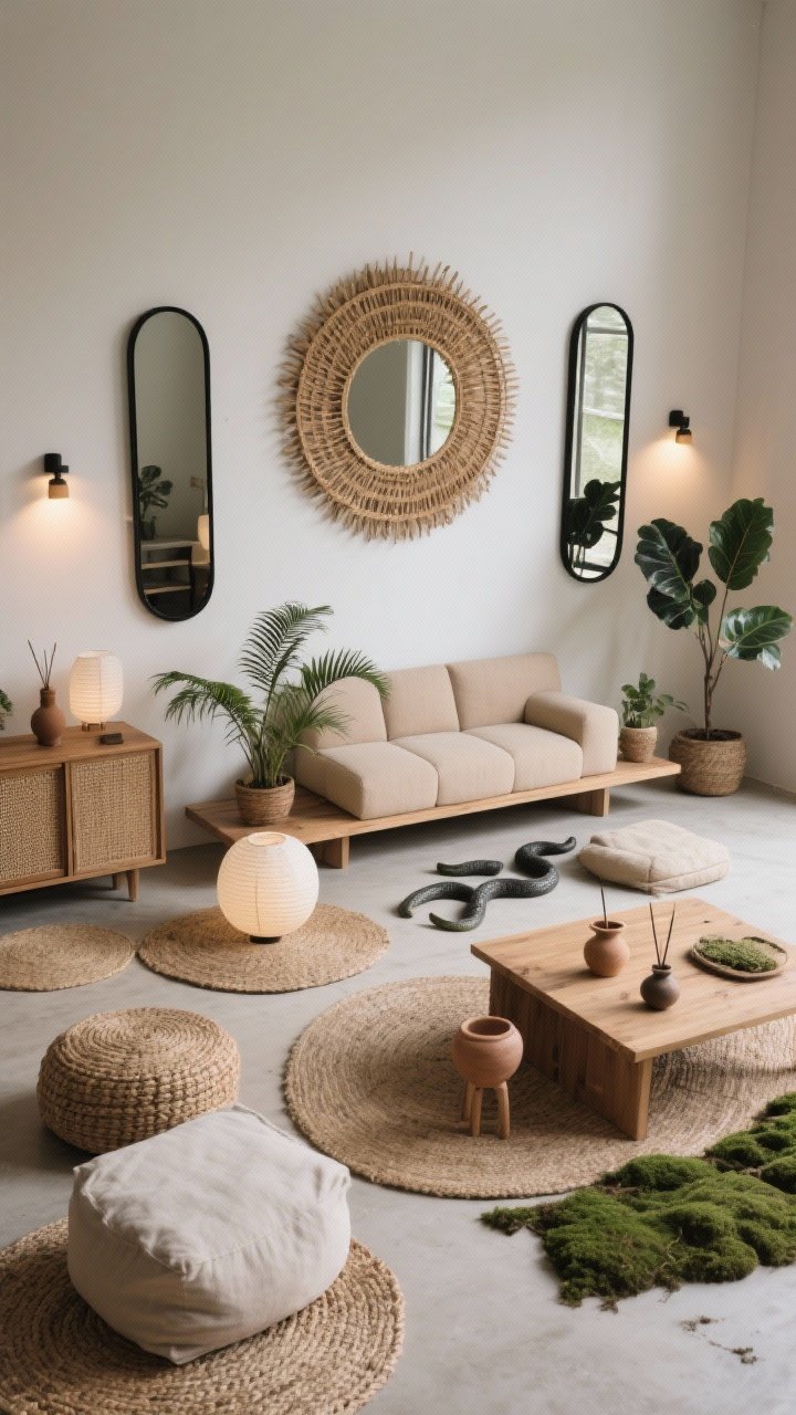 Overhead-to-oblique medium shot, studio: A wall centered with a large round rattan sun mirror flanked by two slim black metal mirrors, creating an organic-modern focal trio; floor scattered with woven mats and poufs; low modular sofa in mushroom beige opposite a simple pine platform clustered with ferns, snake plant, and rubber tree; palette of sand, oat, charcoal, and moss; clay incense holders, paper lanterns, and linen floor cushions; cane-front cabinets for hidden storage; dimmable sconces casting soft, peaceful light; earthy zen mood, photorealistic.