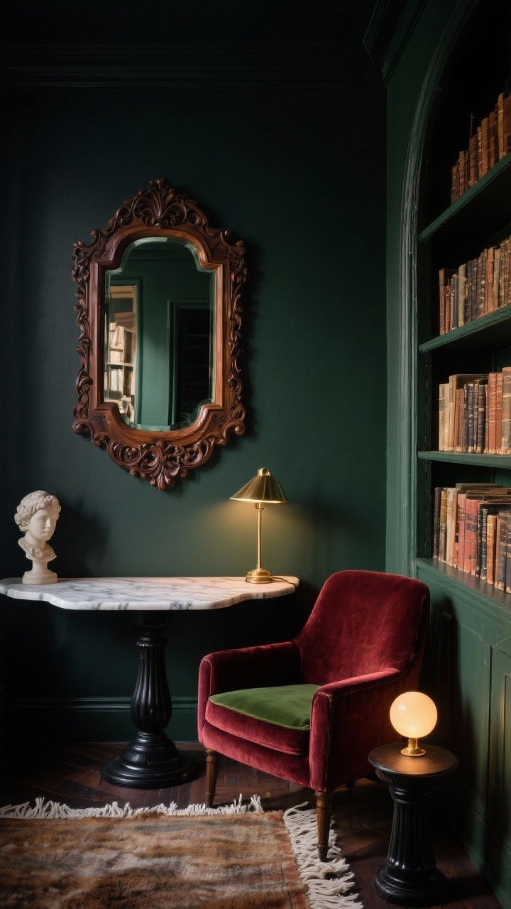 Photorealistic closeup detail of a moody library nook vignette: a carved walnut wood mirror with intricate edges hanging above a low marble-topped side table; deep charcoal/inky green wall backdrop; brass reading lamp glow reflected in the mirror; a slice of velvet lounge chair in oxblood or moss peeking into frame; narrow bookshelf edge with worn spines, fringed wool rug texture visible at the bottom; small black pedestal with a ceramic bust; warm bulbs creating intimate, layered shadows and antique-shop richness.