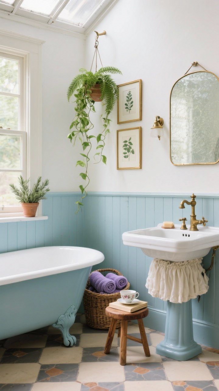 Photorealistic closeup/detail of the bath vignette: clawfoot tub painted duck-egg blue beside beadboard wainscoting; thin brass-framed botanical prints above; trailing pothos from a ceiling hook, a fern on a wooden stool next to the tub, rosemary pot on the windowsill; pedestal sink with a ruffled fabric skirt hiding storage; flooring as cream-and-gray checkerboard tile or warm hex tile visible at the edge; aged brass taps and a wall-mounted mirror with foxed glass reflecting soft natural light; woven basket with rolled towels, lavender soap, tiny stool holding a teacup and book; greenhouse-like serenity.