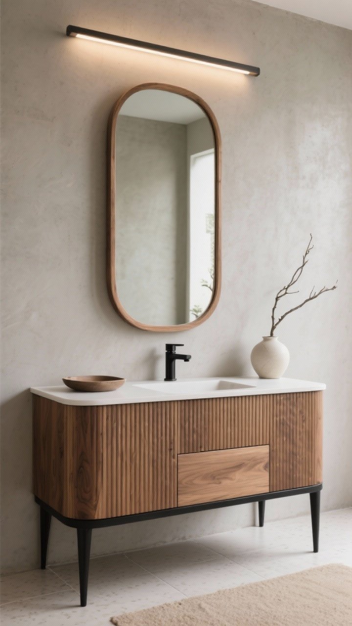 Photorealistic closeup detail shot capturing Japandi calm: a tall full-height ash wood–framed mirror with rounded corners rising from vanity to ceiling against greige microcement walls; ribbed oak vanity drawer front on a slim black base with an off-white solid surface top; matte black wall-mounted tap; styling limited to a ceramic tray and a single branch in a milky vase; sand-tone porcelain floor with subtle texture glimpsed below; minimal linear bar light mounted overhead, soft, serene lighting.