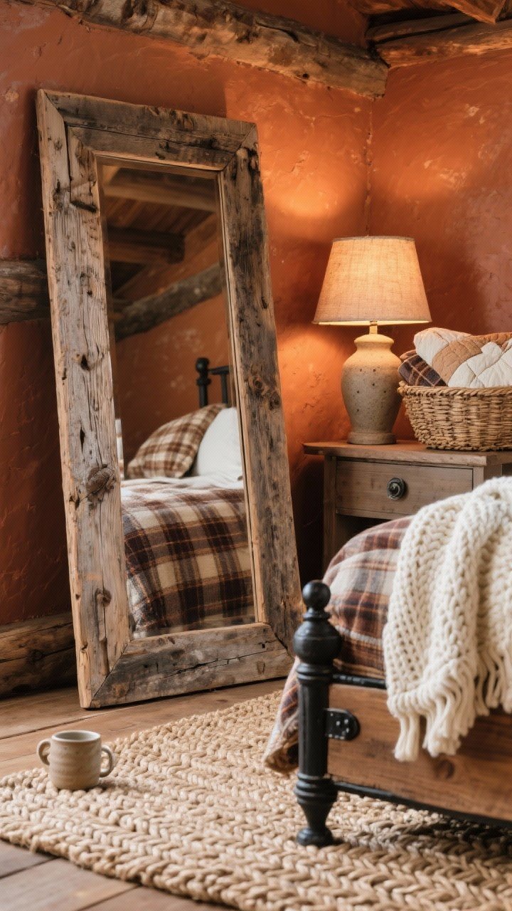 Photorealistic closeup/detail shot from a low angle, cozy rustic cabin textures: leaning stand up mirror framed in reclaimed barnwood, weathered grain visible; adjacent stoneware lamp with warm glow, woven basket filled with extra quilts; background hints of terracotta-painted wall and plaid flannel checks layered with a chunky ivory knit blanket; braided jute rug texture in the foreground, black iron hardware on a nightstand corner and a hand-thrown mug; palette of terracotta, cinnamon, cream, weathered wood; warm, intimate lighting.