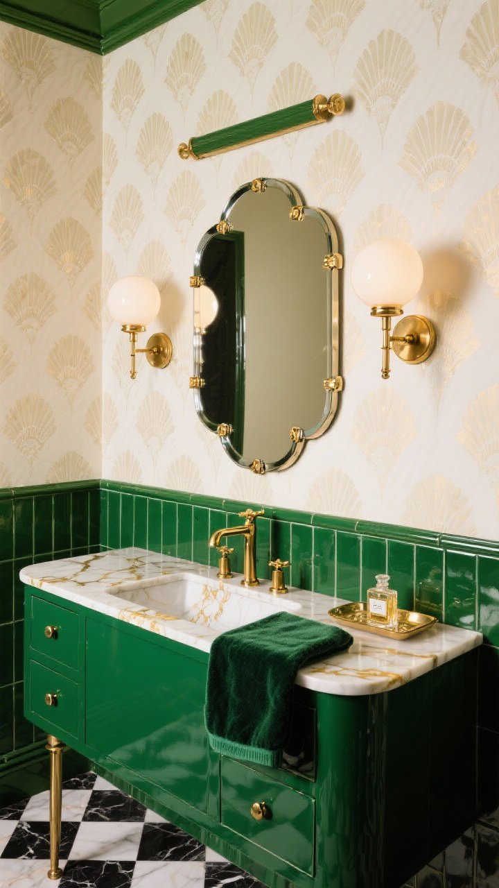 Photorealistic closeup vignette of an Art Deco jewel box vanity wall: scalloped-edge beveled mirror secured with polished brass clips centered over a deep green lacquered vanity; statement marble countertop with dramatic gold veining; twin opaline globe sconces on brass backplates glowing warmly; fan-pattern wallpaper in cream and emerald above a picture rail, with glossy green tile wainscot below; black-and-white marble basketweave floor peeking at the bottom; brass faucet with ribbed levers; velvet hand towel and a small perfume tray styled on the counter.