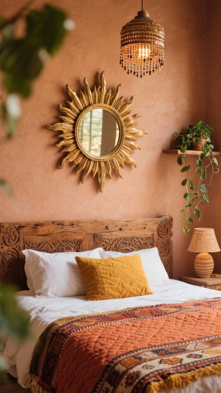 Photorealistic detail closeup, boho sunburst sanctuary: tight crop over the bed focusing on an antique brass statement sunburst mirror centered on muted clay walls, catching warm daylight; edge of a carved mango-wood headboard visible below; layered textiles in frame include a kilim rug pattern at the bottom edge and a quilted coverlet in terracotta and saffron; hints of a beaded pendant glow and woven bedside lamp bokeh; trailing pothos on a wall shelf softly blurred; rich textures and warm, balanced color.