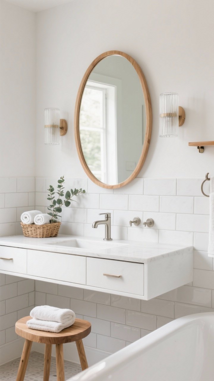 Photorealistic medium bathroom vanity shot, straight-on: a slim oval light oak wood mirror over a floating white vanity; matte white subway tile stacked vertically with pale gray grout; brushed nickel faucet and hardware; ribbed glass sconces flanking the mirror; rolled towels in a basket, tiny eucalyptus plant on the counter; hidden drawer lines, wall hooks, slim shelf implied; an oak stool with a folded hand towel beside the tub edge; bright daylight for a crisp, spa-like, non-clinical feel with oak warmth softening the geometry.