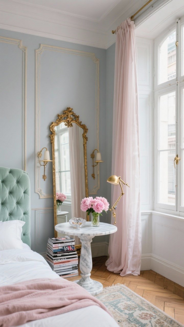 Photorealistic medium corner view, Parisian apartment chic: full-length antique-style mirror with ornate gold leaf molding leaning between two oversized windows with airy floor-sweeping sheers; pale dove gray walls with classic picture frame molding; tufted velvet headboard in sea-glass green, crisp white bedding with a blush throw; parquet wood floors with a faded Persian rug; a marble-topped pedestal table holding pink peonies and a stack of Paris magazines; brass swing-arm sconces and a small crystal dish for jewelry; soft daylight, romantic mood, palette of dove gray, blush, sea-glass, antique gold.