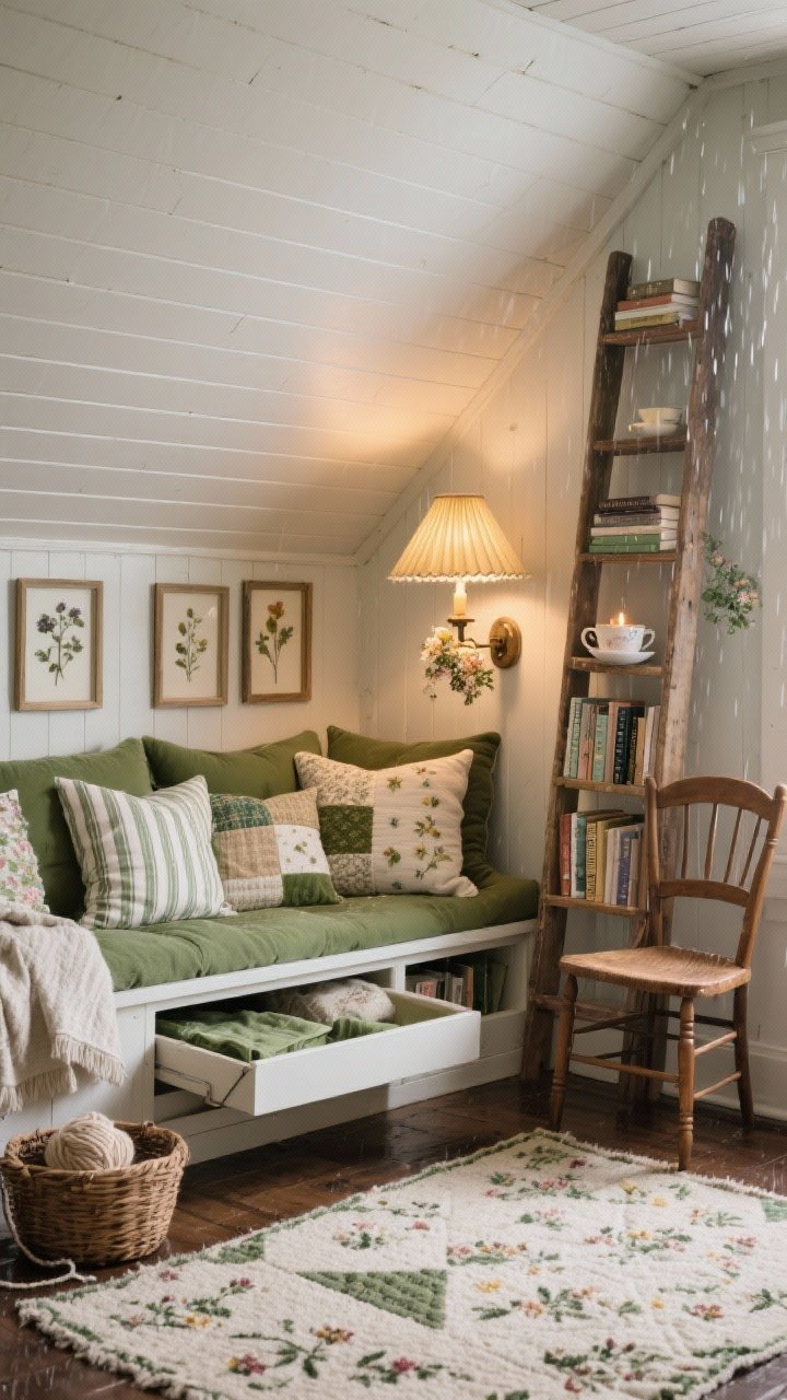 Photorealistic medium corner view under the eaves: low, slanted ceiling clad in whitewashed beadboard, built-in bench with moss-green cushions and lift-up storage piled with patchwork pillows; ladder bookcase with linen-bound novels and a teacup-turned-candle; floral sconce with pleated shade casting golden, cozy light; hand-hooked rug underfoot; textiles featuring tiny florals, ticking stripe, and quilted throws; pressed flower frames on the wall, basket of knitting on the floor; small Windsor side chair tucked to the side; rainy-day, snug attic nook atmosphere.