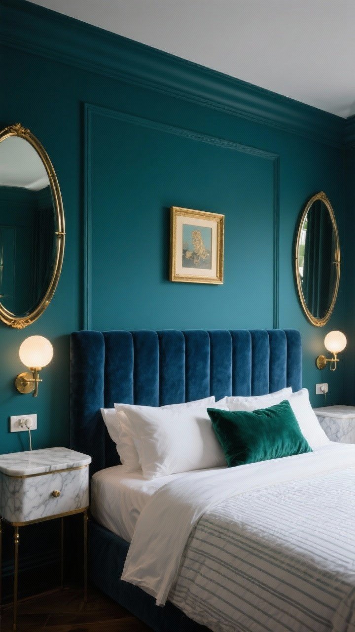Photorealistic medium shot, Art Deco jewel box bedroom: inky teal walls, velvet channel-tufted headboard in midnight blue, pair-matched oval mirrors with slim brass frames hung above petite marble-topped nightstands; plug-in globe sconces mounted so their glow reflects in the mirrors for doubled light; crisp white sheets with a pinstripe duvet and an emerald velvet cushion; a small gilded art frame centered over the headboard; straight-on symmetrical view with intimate evening lighting for glam without clutter.