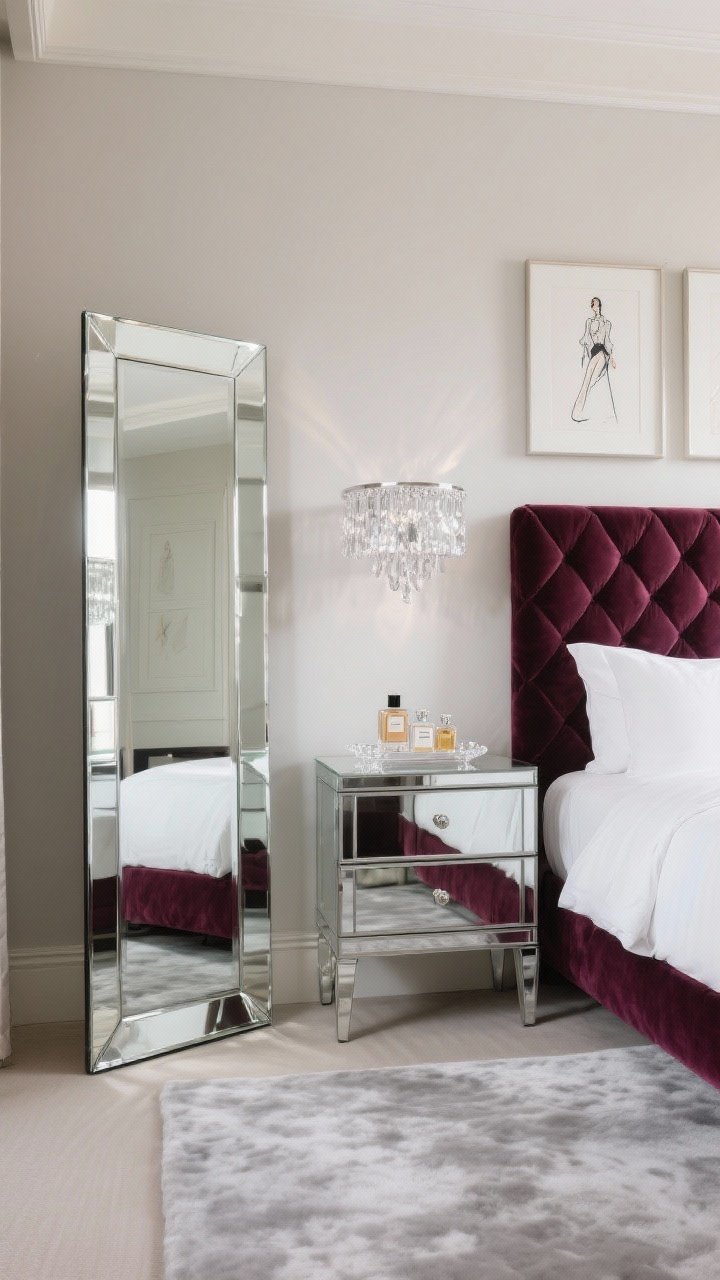 Photorealistic medium shot, glam boutique suite: tall bevel-edged stand up mirror with a bevel frame positioned beside a mirrored three-drawer chest; channeled velvet headboard in deep merlot, crisp white hotel sheets; pale greige walls with a subtle pearl sheen reflecting light; plush high-pile rug in dove gray; small crystal flush mount overhead sparkling, with reflections doubled in the mirror; accents include an acrylic tray with perfume bottles and framed fashion sketches on the wall; palette of greige, chrome, merlot, soft gray; elegant, luminous mood.