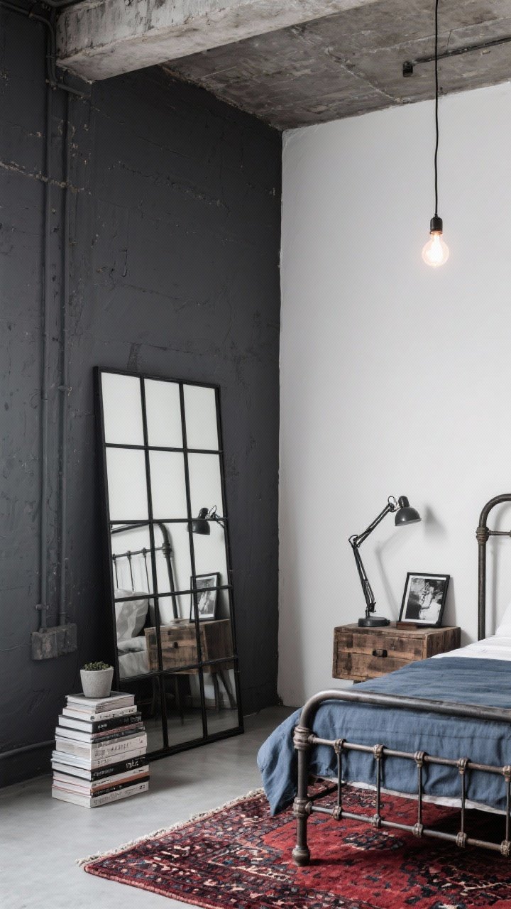 Photorealistic medium shot, industrial loft nook: charcoal accent wall with a black metal grid-paned windowpane mirror leaning against it, reflecting the opposite white wall to lighten the space; metal bed frame with a vintage rug in deep reds and muted blues beneath, reclaimed wood nightstand with stacked design books, concrete planter, and black-and-white photography; bare-bulb pendant overhead and an adjustable task lamp; moody yet open feel captured from a diagonal corner perspective.