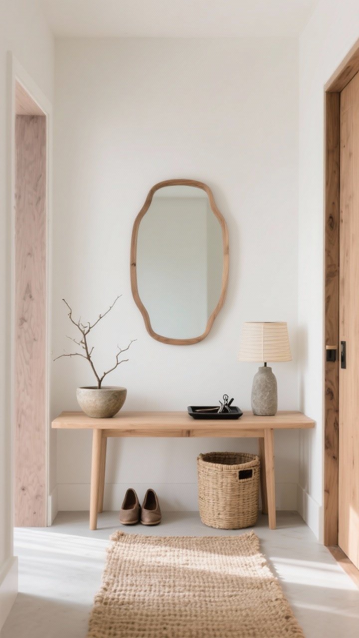Photorealistic medium shot, Japandi entryway viewed straight-on: a low, pale oak console beneath a wide, beveled oak mirror with rounded corners and matte finish spanning the wall; tightly woven jute runner underfoot; on console a ceramic bowl for keys, a slender branch in a stone vase, a small table lamp with a rice-paper shade, and a charcoal tray; warm white walls with a hint of taupe; creamy white, sand, and warm oak palette; a tall storage basket tucked beneath for shoes; soft natural morning light that feels fresh and airy, emphasizing oak grain and jute texture.