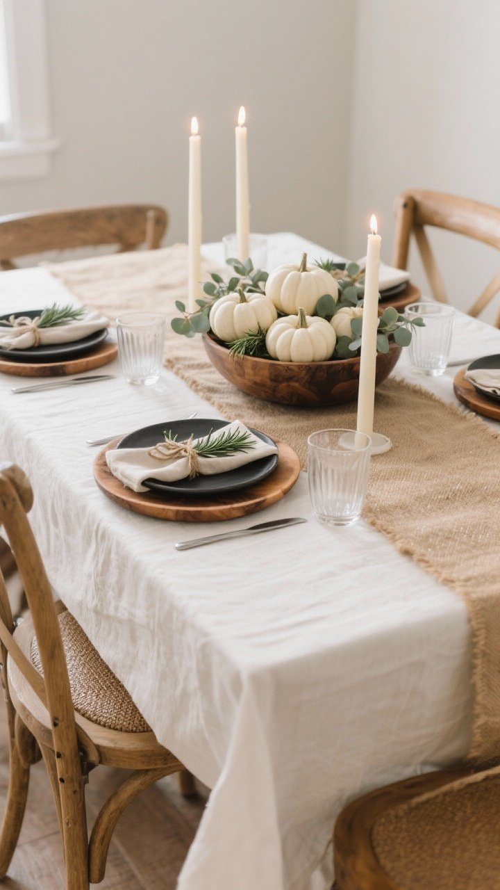 Photorealistic medium shot, modern farmhouse minimal Thanksgiving table: crisp ivory tablecloth with a wide burlap runner centered; matte black stoneware plates on round mango-wood chargers; soft oat linen napkins tied with twine and a fresh rosemary sprig on each setting; low wooden dough bowl centerpiece filled with mini white pumpkins and eucalyptus; clear straight-sided tumblers and simple stemless wine glasses; three unscented pillar candles in varying heights casting warm, flickering light; neutral palette of creams, warm wood, and soft greens; shot from a slight corner angle at seated eye level, unfussy and welcoming, no people.