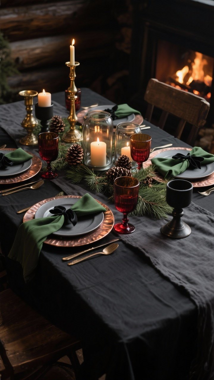Photorealistic medium shot, moody cabin chic table: charcoal linen runner on a dark table (or black tablecloth); slate-gray plates atop hammered copper chargers; forest-green napkins tied with black velvet ribbon; centerpiece cluster of smoky glass hurricanes with glowing candles surrounded by cedar clippings and pinecones; accents of antique brass candlesticks mixed with matte black holders; dark amber water glasses paired with red wine stems; low, intimate lighting with deep shadows and warm highlights for fireside luxe; shot from a low corner angle to emphasize layered metals and textures.