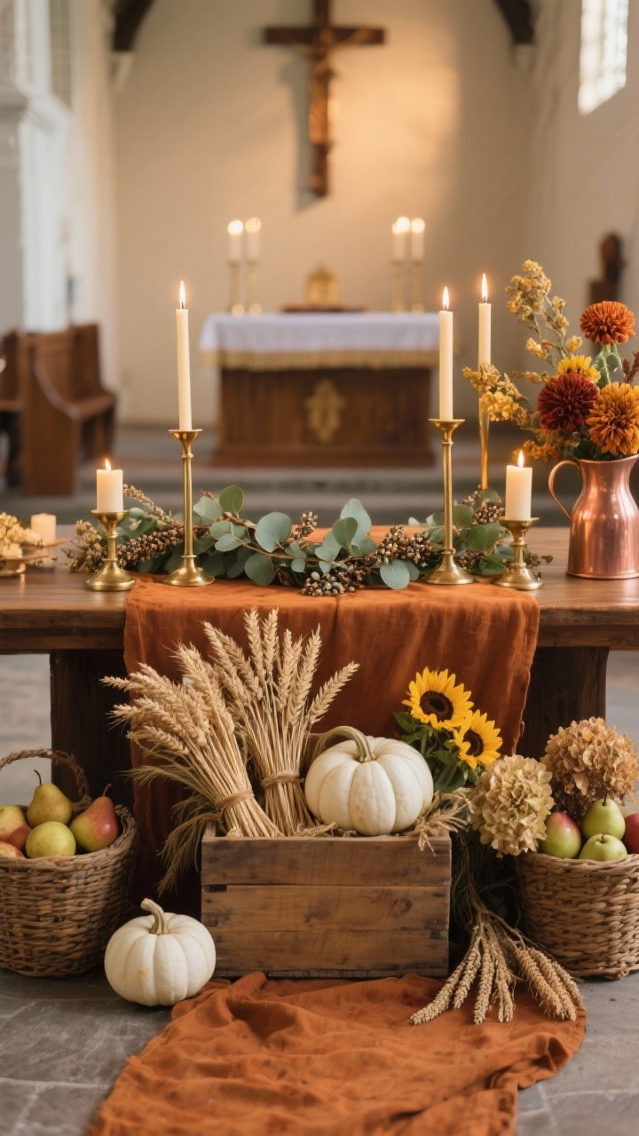 Photorealistic medium shot of a church altar styled in a Harvest Hearth theme: a burnt amber linen altar runner, tall brass candlesticks with warm beeswax tapers flickering, a low wooden crate centered and overflowing with bundles of wheat, dried grasses, ivory pumpkins, and a garland of eucalyptus and seeded gum weaving across the surface. Add woven baskets filled with pears and apples to the sides and a single copper pitcher for height. Include florals of rust mums, golden sunflowers, dried hydrangeas, and sprigs of millet arranged low and rounded to preserve sightlines. Color story: amber, oat, brass, soft green, creamy white. Mood: humble abundance, candlelit glow. Straight-on perspective, shallow evening light that feels warm and sacred, no people.