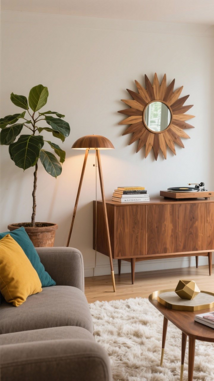 Photorealistic medium shot of a mid-century living room wall: a teak sunburst wood mirror above a sleek walnut credenza; low tailored warm gray sofa partially in frame; tripod floor lamp, sculptural planter with a rubber tree, ivory shag rug; accents of saffron and teal throw pillows; geometric side table with tapered legs; brushed brass metal details; vintage record player and stacked design books on the credenza; balanced daylight with a gentle evening-ready glow, the sunburst acting as artful focal point.