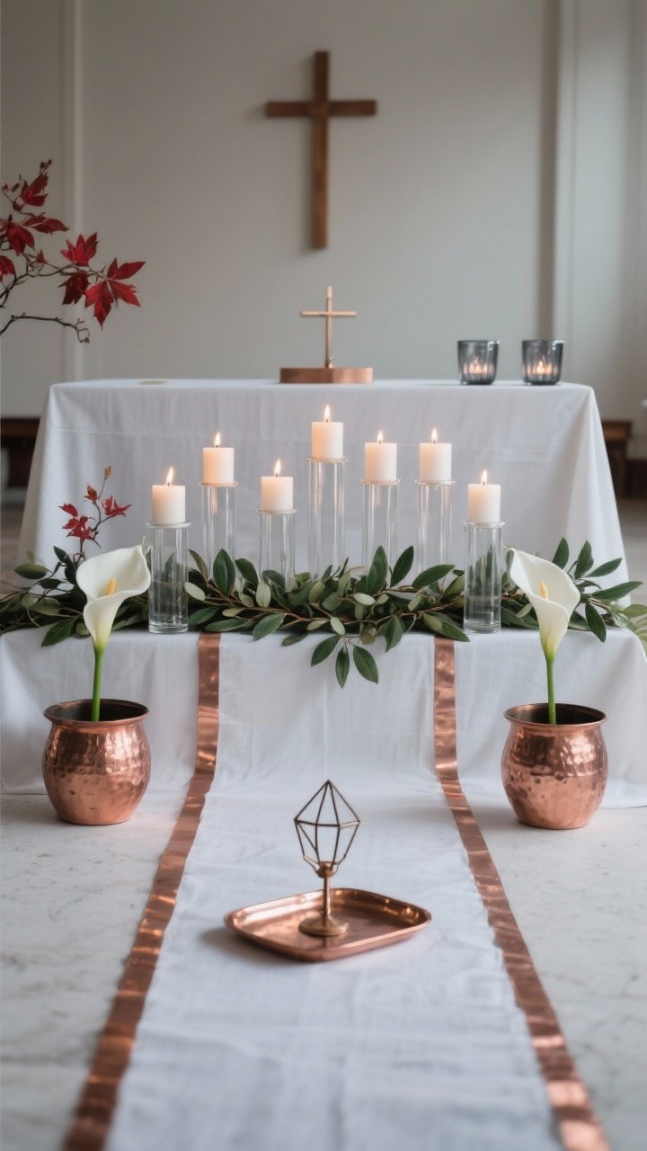 Photorealistic medium shot of a minimalist altar in Candlelight and Copper style: a crisp white altar cloth with a narrow copper runner centered. A staggered line of clear glass cylinder vases holds pillar candles in varying heights, their flame glow reflecting in the glass. A low garland of olive and magnolia leaves weaves beneath the cylinders. At both ends, hammered copper urns hold single-variety stems—either white calla lilies or branches of red maple. Accents include a copper communion tray, geometric metal crosses, and smoked-glass votives. Color story: copper, white, olive green, soft charcoal. Clean, polished evening lighting; straight-on composition emphasizing symmetry and sleek lines.