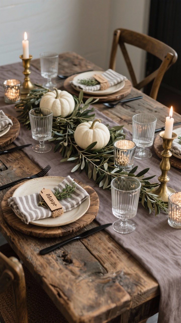 Photorealistic medium shot of a modern rustic tablescape: heathered taupe runner over a reclaimed wood table; cream stoneware dishes on distressed wood chargers; black flatware; clear ribbed glassware; central garland of olive branches woven with white pumpkins, antique brass candlesticks, and mercury glass votives; striped grain-sack napkins folded with a twig of thyme tucked in; laser-cut wooden name tags tied with jute at each setting; cozy evening candlelight reflecting off mixed metals; corner angle to highlight the reclaimed wood and layered materials; no people.