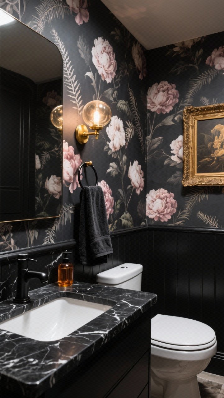 Photorealistic medium shot of a moody small bath with charcoal floral wallpaper (oversized peonies and ferns on an inky background). Black marble vanity top with subtle veining, matte black faucet, crisp white toilet and tub partially visible. Warm brass globe sconces casting a gentle glow, velvet hand towel draped on a black hook, amber glass soap dispenser on the counter, and antique gold framed artwork on the wall. Jewel-box ambiance, corner angle.