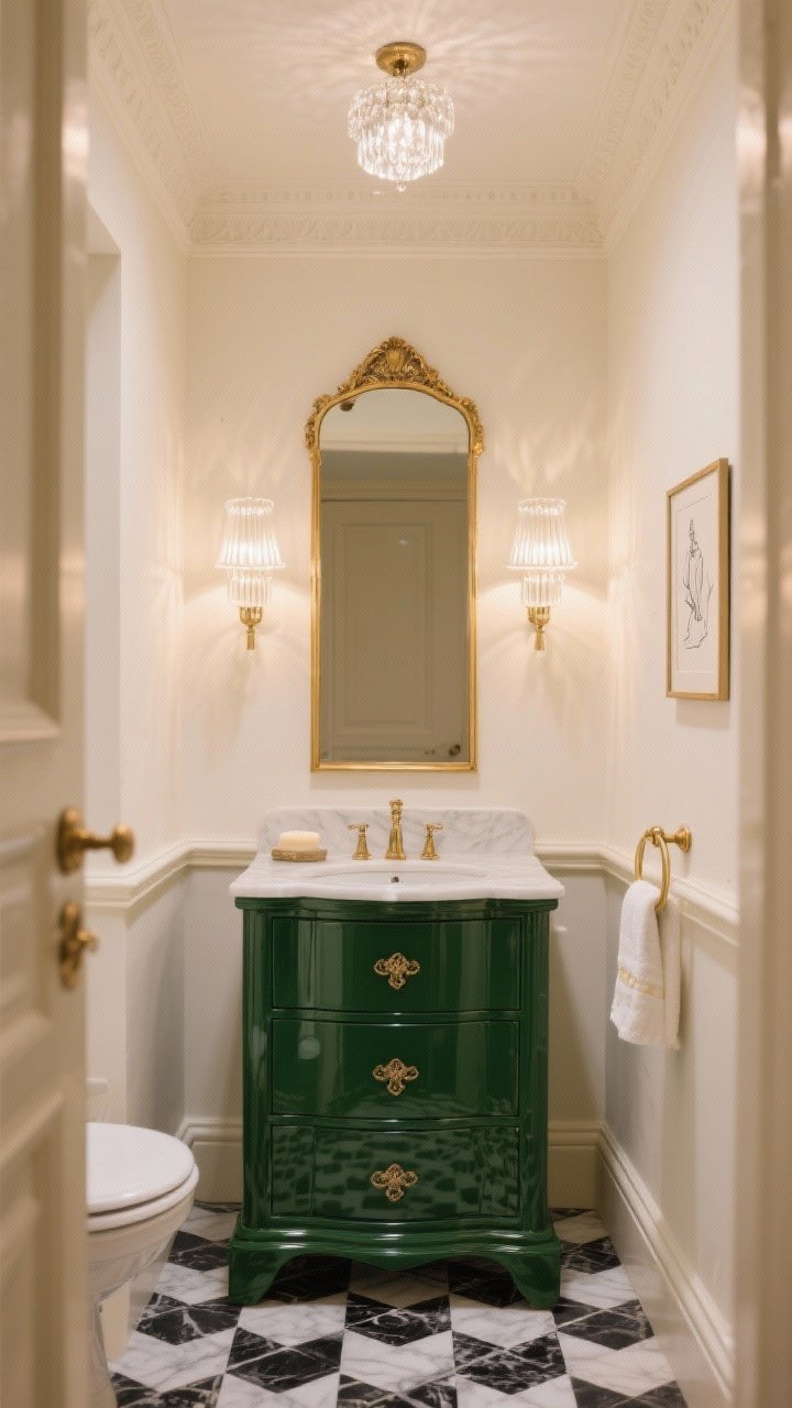 Photorealistic medium shot, straight-on, of a Parisian-glam compact bathroom: a petite glossy forest green vanity with antique brass pulls beneath a tall gold-rimmed mirror, flanked by fluted glass sconces casting pearly light; black-and-white basketweave marble floor; pale cream walls with fine-detailed chair rail; a mini crystal flush mount on the ceiling; styled with French soap, a petite framed sketch, and a brass towel ring; warm-dim bulbs at 2700–3000K for romantic glow.