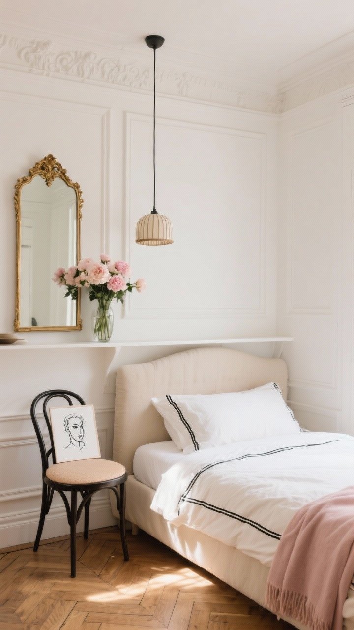 Photorealistic medium-to-wide shot, Parisian chic small bedroom: warm white walls with applied molding, linen-upholstered bed, herringbone (or faux herringbone) flooring; mantle-style shelf with a tall vintage-style gilt mirror hanging and subtly leaning, reflecting a simple drum pendant and a vase of peonies; textiles include a cream duvet with black piping and a blush throw; small bistro chair as nightstand with a single black-and-white sketch propped beside the mirror; soft afternoon light, straight-on viewpoint to emphasize classic lines and height.