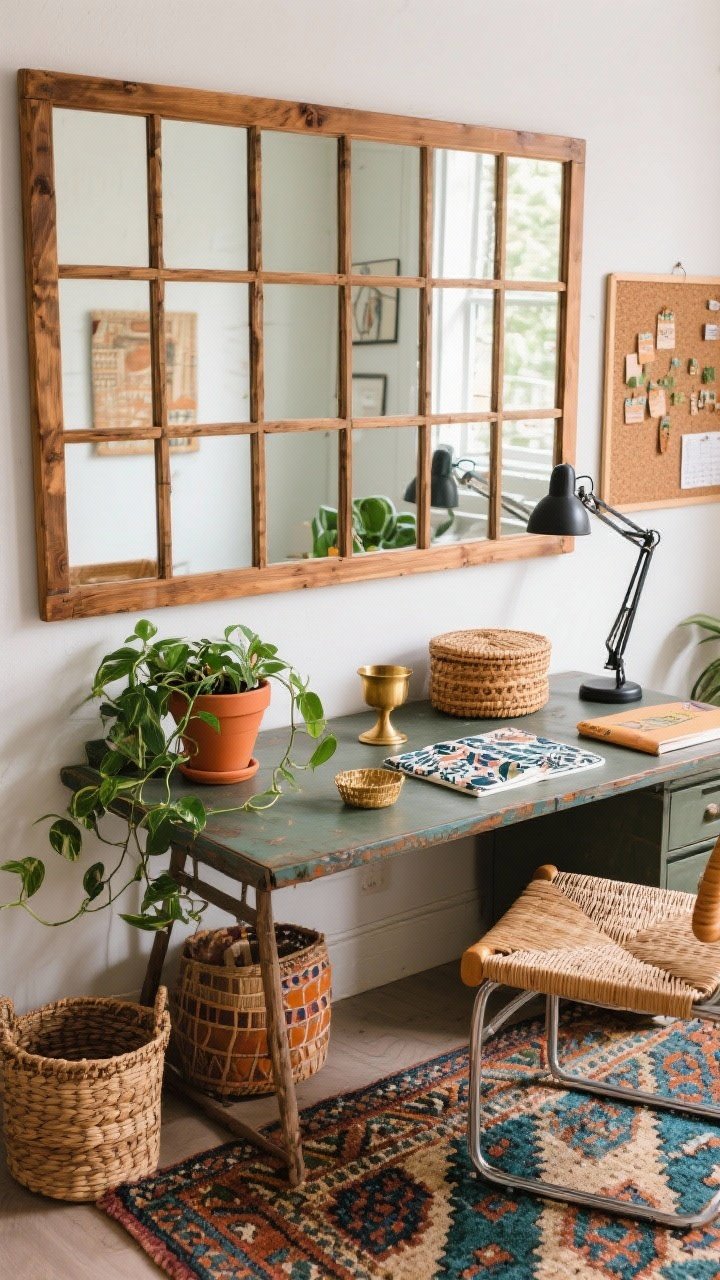 Photorealistic overhead detail shot of an eclectic boho office desktop and wall slice: the lower portion of a mango wood grid mirror (paneled like window mullions) reflecting diffused light; vintage desk surface with terracotta pots, trailing pothos, brass accents, printed textiles peeking from a patterned kilim rug below; rattan chair cushion edge visible; black task lamp arm entering frame; lidded baskets tucked nearby and a cork mood board on the wall edge; palette of terracotta, olive, indigo, natural wood; lively, collected, energizing vibe.