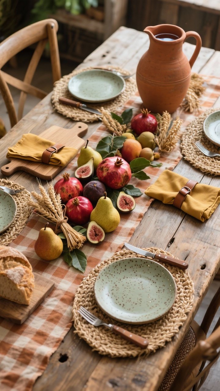 Photorealistic overhead flat-lay, rustic harvest market theme: gingham runner in cinnamon/clay across a raw farmhouse wood table; speckled stoneware plates, oak-handled flatware, mustard linen napkins with simple leather rings; centerpiece scattered heirloom pears, figs, and pomegranates intermixed with small wheat bundles and bay leaves; wooden bread boards and a large terra-cotta pitcher filled with water; a few woven seagrass placemats anchoring end positions; warm organic palette of sage, rust, oat, and deep fruit reds; natural daylight accentuating textures of produce and wood.