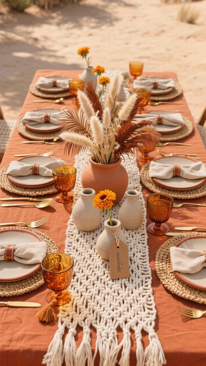 Photorealistic overhead shot of a desert-boho Friendsgiving tablescape: terracotta tablecloth beneath a cream macramé runner; sand-colored ceramic plates with a thin rust edge; amber glassware; brushed gold flatware; woven chargers framing each setting; leather napkin rings on neutral linens; centerpiece composed of low clay vessels filled with dried palms, bunny tails, and rust pampas, dotted with ceramic bud vases holding single marigolds; kraft tag place cards with tiny tassels; warm, sun-drenched light with soft shadows; palette of terracotta, rust, sand, amber; no people.