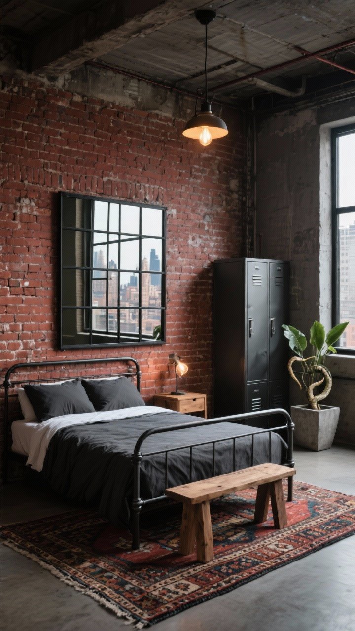 Photorealistic straight-on medium-wide loft view, urban industrial: oversized grid-pane stand up mirror with black mullions anchoring a wall of exposed brick; simple steel bed frame with crisp charcoal bedding; raw wood stools as nightstands; vintage kilim rug adding color underfoot; bare Edison-bulb pendant hanging from the ceiling; mirror reflecting brick texture and distant city views to expand the space; accents include a metal locker cabinet and a concrete planter with a snake plant; palette of brick red, charcoal, black, raw wood; moody, warehouse-cool lighting.
