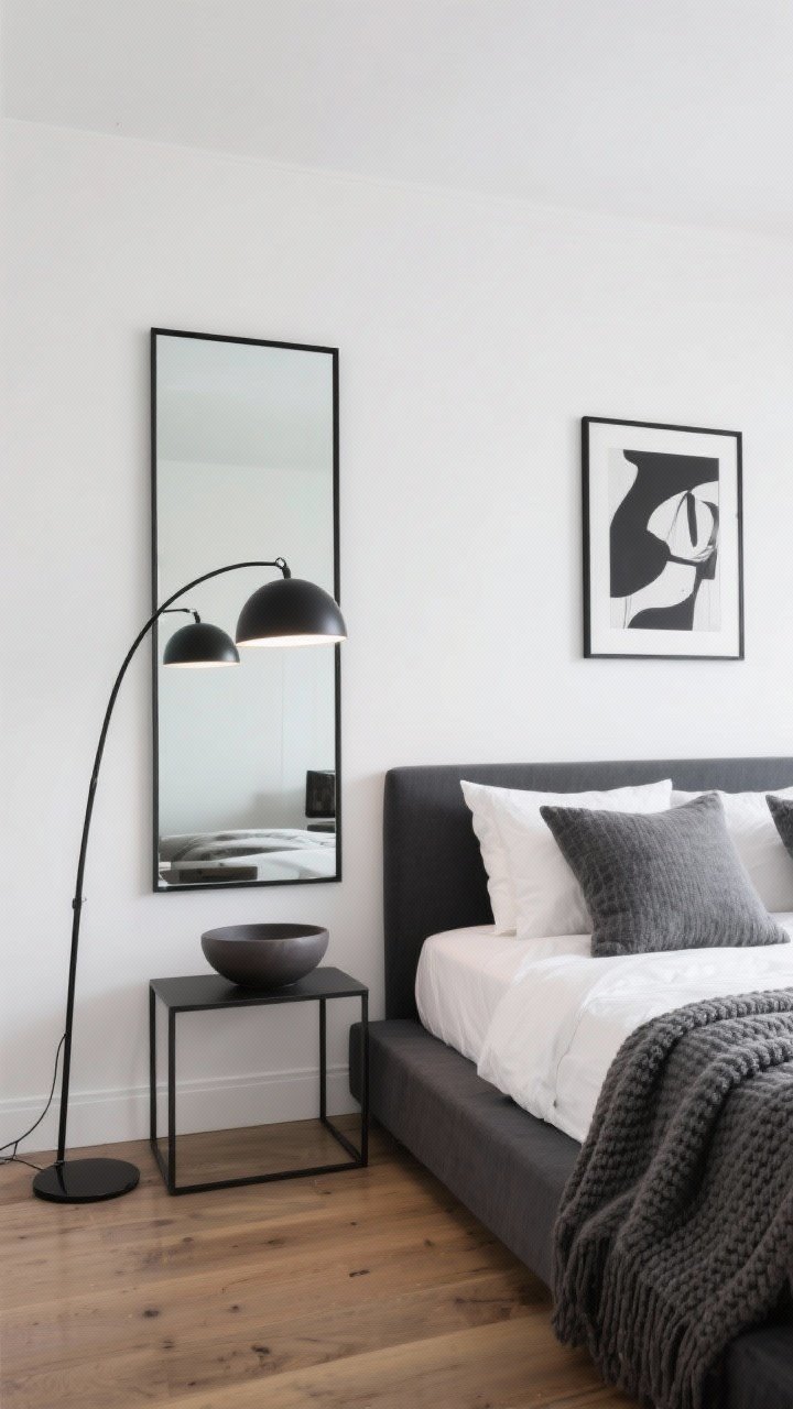 Photorealistic straight-on wide shot, modern minimalist drama: rectangular stand up mirror with a razor-thin black metal frame nearly ceiling-height beside a charcoal platform bed; gallery white walls, cool-toned oak floors; crisp white duvet, two oversized pillows, graphite knit throw; striking arc floor lamp with a black dome shade casting bright bounce light into the mirror; accents include an abstract black-and-white print and a matte ceramic bowl; high-contrast, clean lines, no clutter.