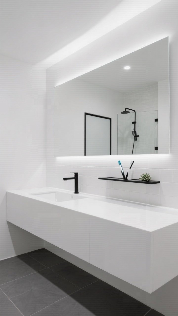 Photorealistic ultra-clean wide shot, straight-on: an edge-to-edge custom-cut mirror spanning wall to wall, set 4 inches above a low backsplash, above a floating white vanity; monochrome scheme with matte white walls; micro-thin matte black faucet; a narrow black shelf slicing across the mirror holding toothbrushes and a tiny succulent; concealed LED cove lighting above the mirror casting even, shadowless illumination; soft charcoal floor; frameless shower with a black channel visible in the reflection; crisp, minimalist mood.