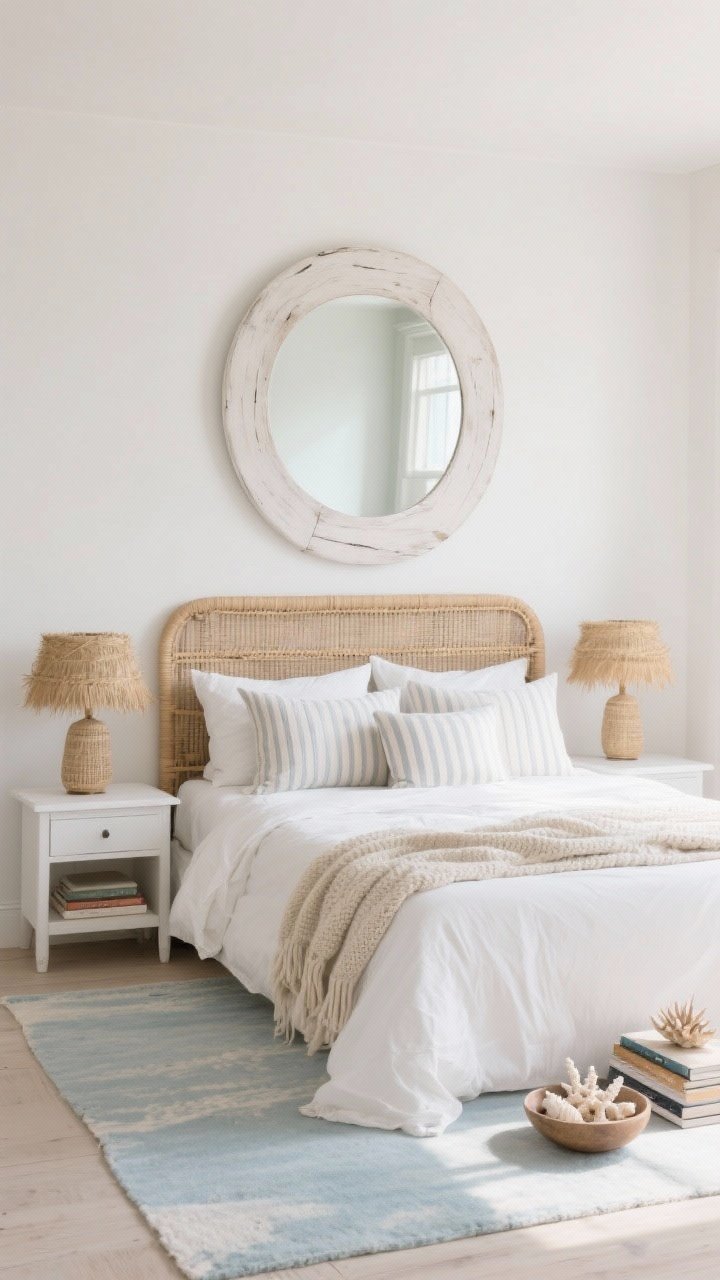 Photorealistic wide bedroom shot, straight-on toward the bed: a large round whitewashed wood mirror centered above a cane headboard; bed dressed in crisp white sheets, sandy linen duvet, knitted throw; simple white nightstands with seagrass lamps; pale fog-blue rug grounding the room; striped pillows for a subtle beachy note; textures of cane, linen, seagrass, whitewashed wood; small bowl of shells or coral atop stacked novels; soft morning coastal light creating serene, breezy calm.