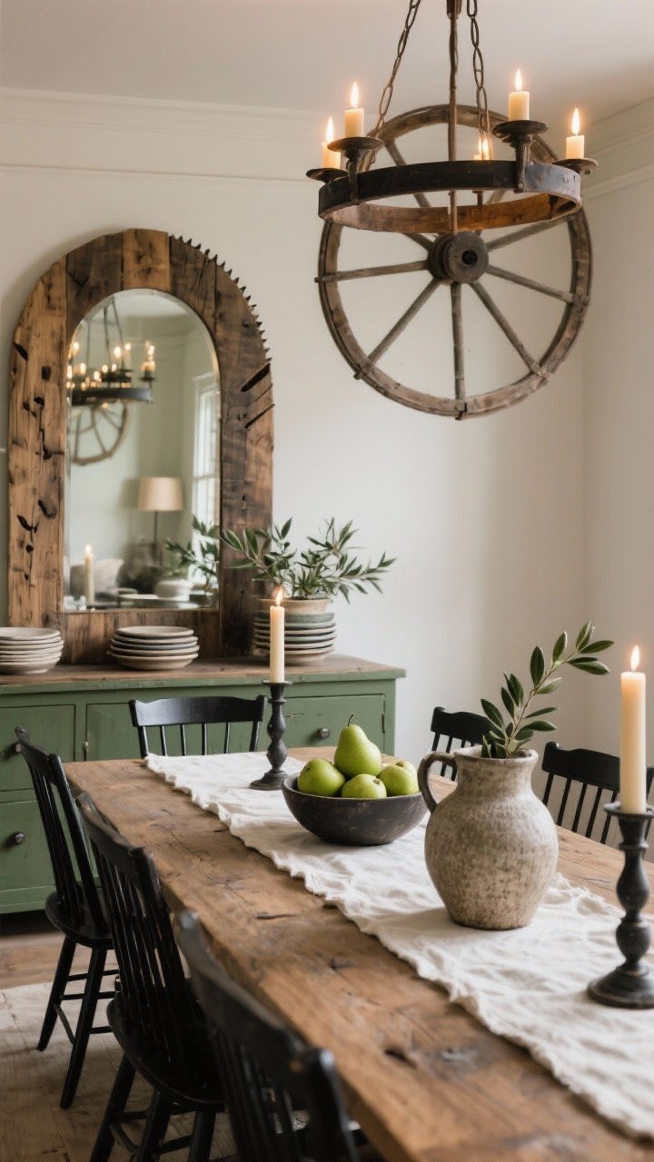 Photorealistic wide dining room shot from a slight corner angle: a massive arched wood mirror with rustic, reclaimed weathered oak and saw marks leaning behind the end of a long farmhouse table; black Windsor chairs, linen table runner, iron candlesticks; wagon-wheel chandelier overhead; on sideboard, a bowl of green pears, a textured jug of olive branches, stacked stoneware plates; palette of black, linen white, warm wood, sage green; dimmable, warm candlelit ambiance doubled in the mirror for cozy linger-worthy mood.