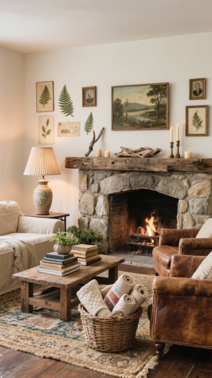 Photorealistic wide living room shot focused on the hearth: chunky stone fireplace with reclaimed wood mantel; atop the mantel, taper candles, small driftwood pieces, and a slightly crooked vintage landscape painting; seating arrangement with a slipcovered sofa in oat linen and two worn leather club chairs around a low pine coffee table stacked with garden books; basket by the hearth brimming with rolled quilts; layered rugs—jute base with a faded Persian on top; lighting from a pleated-shade floor lamp and two ceramic table lamps for warm evening glow; wall of small frames nearby featuring pressed ferns, old postcards, and inherited portraits; cozy, memory-making mood.