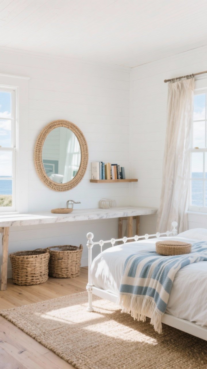 Photorealistic wide shot, coastal cottage light: cloud white walls, light oak floor (or pale sisal rug), simple white metal bed frame, round rattan mirror centered above a slim console-turned-vanity opposite a window, reflecting sky and amplifying sunlight; palette accents of soft blues, sandy beige, and weathered wood; gauzy curtains billowing gently, striped throw on the bed, lidded baskets under the console and a floating shelf for books; bright, breezy morning light from an angle that shows mirror catching the window.